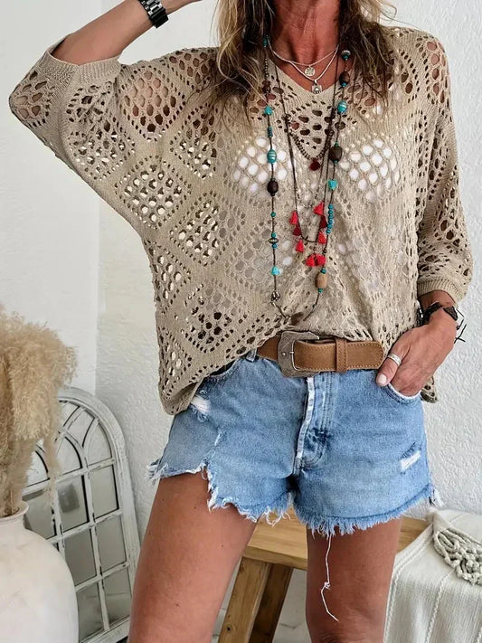 ✨ Top beige in stile boho all'uncinetto con scollo a V da donna
