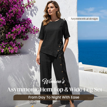 ⏳Offerta a tempo limitato⏰ Top donna con orlo asimmetrico e pantaloni a zampa larga - set due pezzi