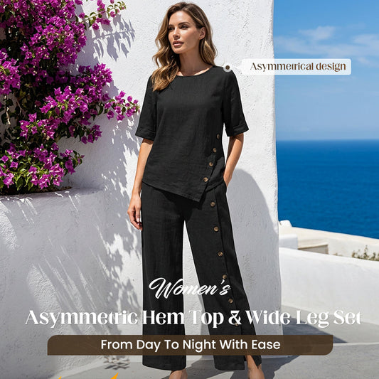 ⏳Offerta a tempo limitato⏰ Top donna con orlo asimmetrico e pantaloni a zampa larga - set due pezzi