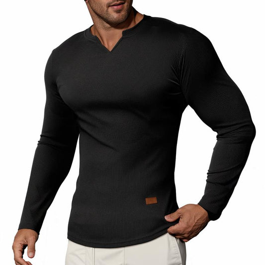 Top uomo sportivo lunga costine 🔥 – Scollatura a V, manica lunga, traspirante per palestra/casual
