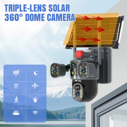 Telecamera a cupola solare a tripla lente 360°