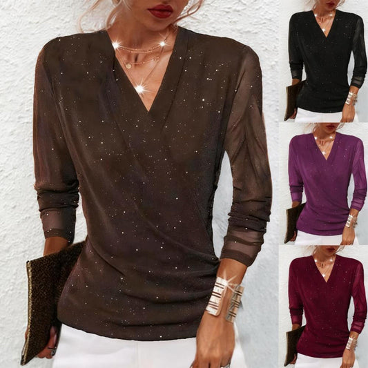 🔥Offerte Hot Sale - Top con Scollo a V Incrociato Lunghi Maniche con Brillantini Donna