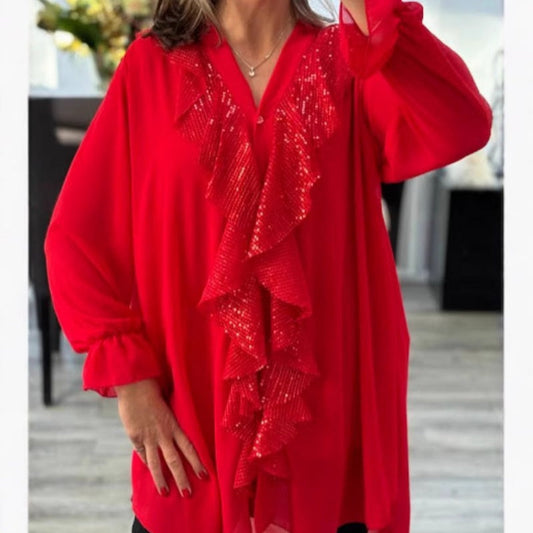 👚 SCONTO DEL 50% ORA! ✨ Top da Donna in Chiffon con Scollo a V e Paillettes – Maniche Lunghe, Elegante Lucentezza & Perfetto per le Occasioni Serali 🌙📦