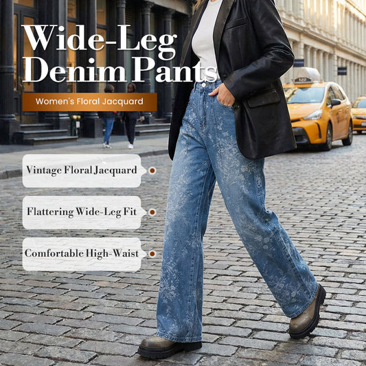 Pantaloni donna in denim a zampa larga con jacquard floreale