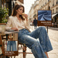 Pantaloni donna in denim a zampa larga con jacquard floreale