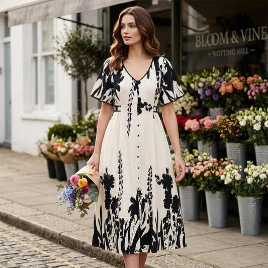 🎁 Nuovo arrivo 50% DI SCONTO 💥 Morbido abito midi a stampa botanica con scollo a V – Elegante, leggero e versatile