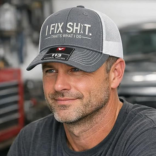 🧢 SCONTO DEL 50% A TEMPO LIMITATO! ✨ "I Fix Shit" cappello da camionista ricamato – Rete traspirante, protezione solare, regalo audace e umoristico 🛠️
