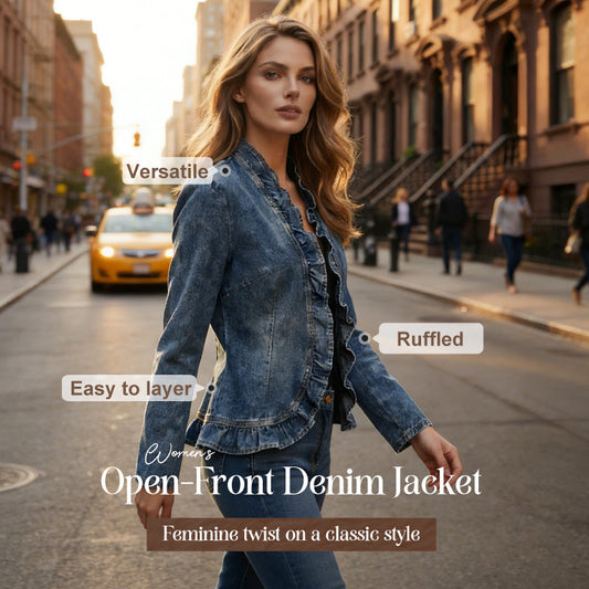 🧥 SCONTO DEL 50%!! 🌸 Giacca in denim da donna con volant e apertura frontale – Leggera e femminile – Versatile ed elegante 👗