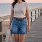 Short in denim Bermuda a vita media da donna con tasche
