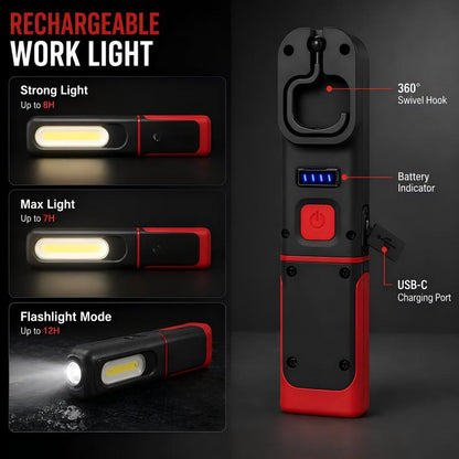 🔦 Luce da lavoro LED COB ricaricabile – Base magnetica e rotazione a 360°